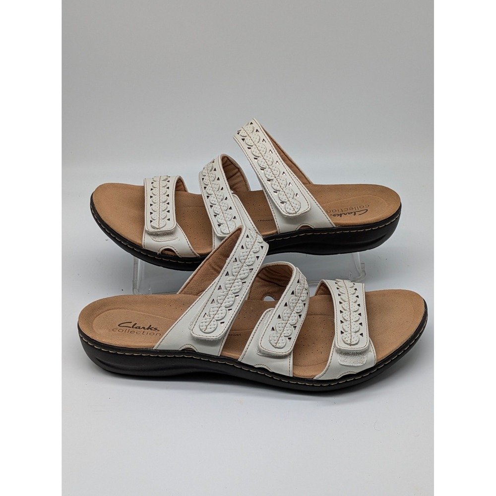 Clarks Collection Women's Size 11W White Triple Strap Comfort Slide Sandals